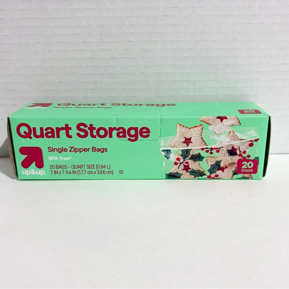 Up&Up Holiday Quart Zipper Close Food Storage Bag 20ct Holly Berry NEW